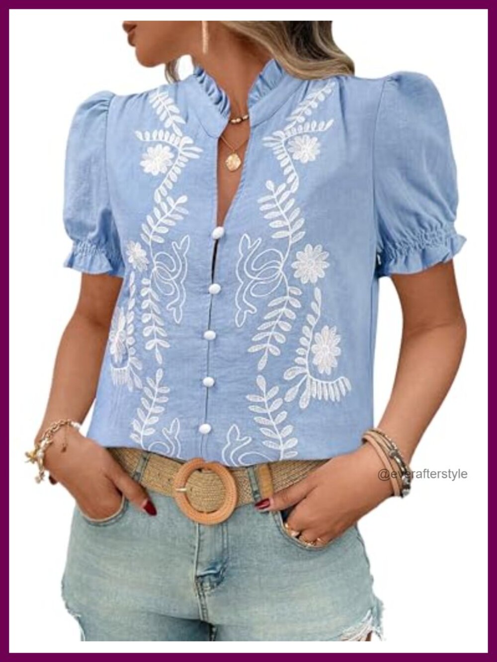 Women's Embroidered Ruffle V Neck Puff Short Sleeve Button Down Blouse